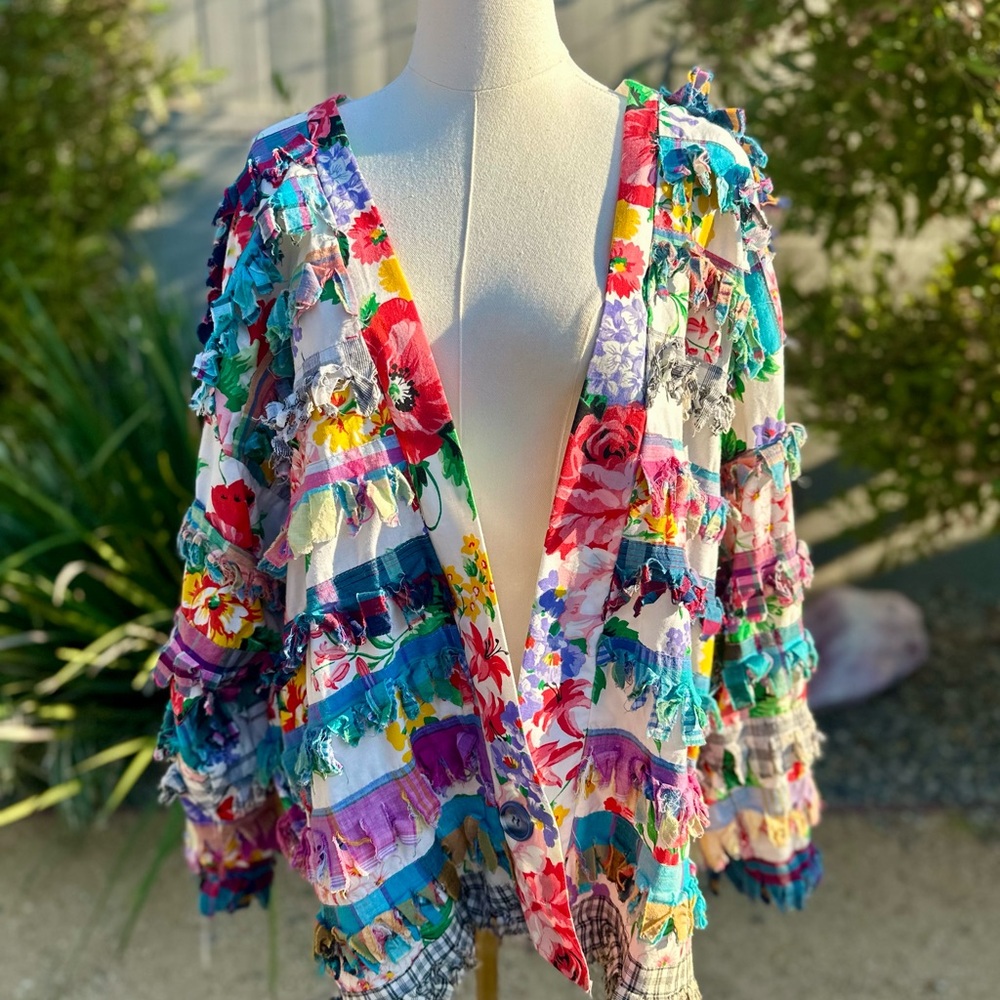 Paula Sweet Muslin Mink Fringe Floral Cardigan Sweater Jacket (Sz S) NWOT